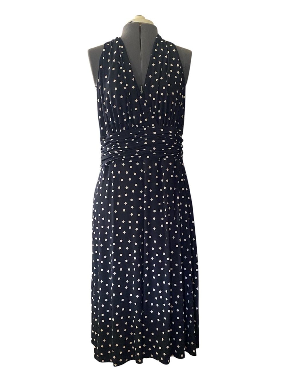 Evan Picone Black Polka Dot V-Neck Sleeveless Dress